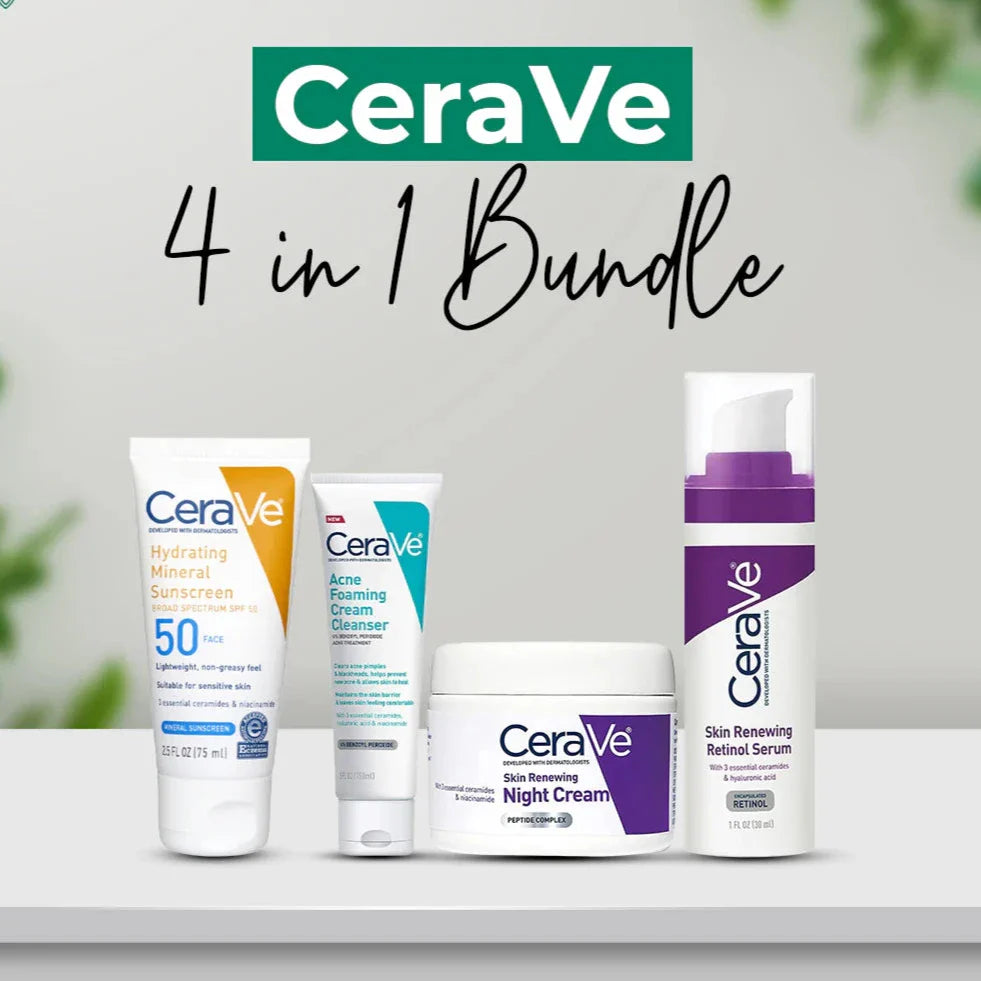 Cerave 4-in-1 Skincare Bundle: Night Cream, Sunblock, Cleanser & Serum For Radiant Skin