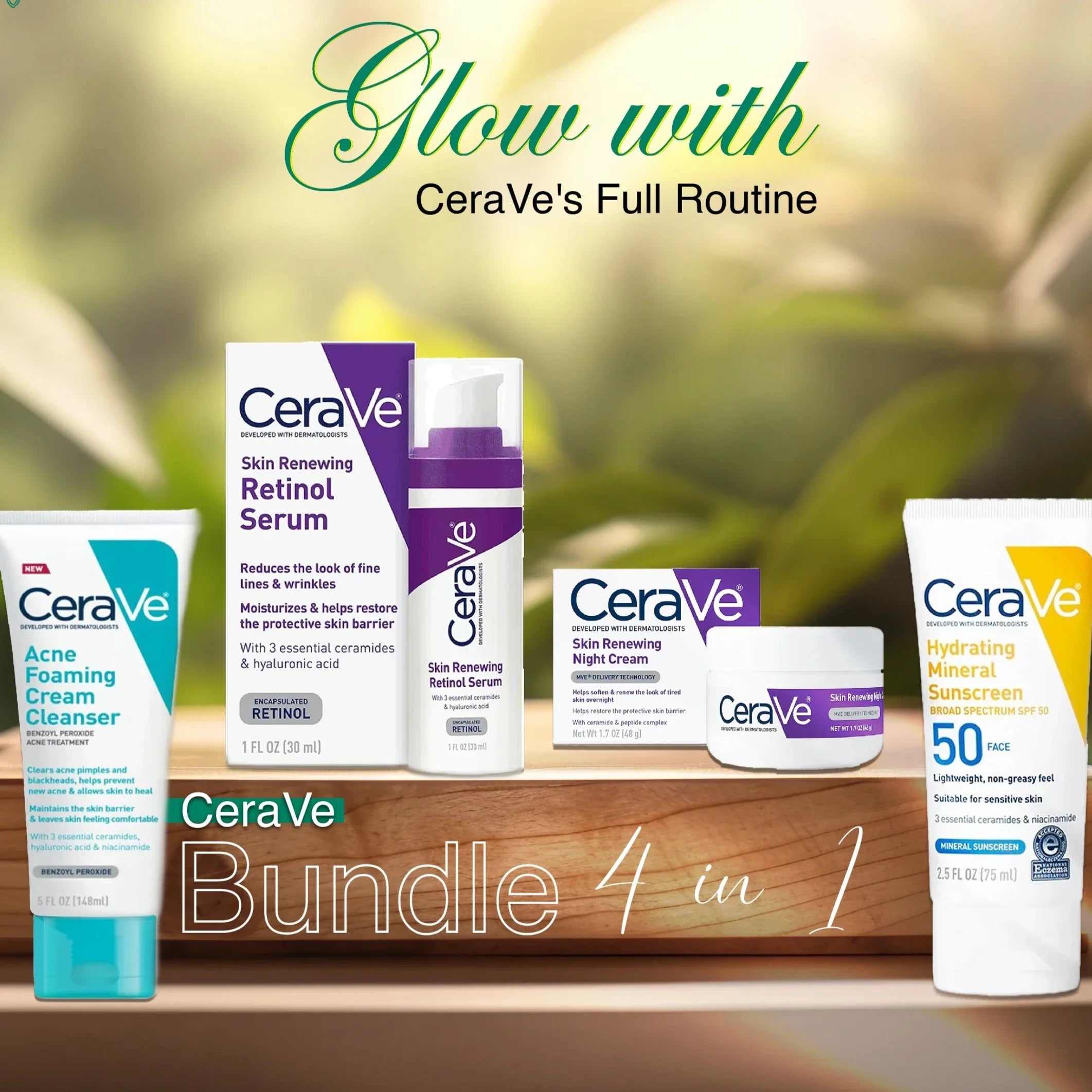 Cerave 4-in-1 Skincare Bundle: Night Cream, Sunblock, Cleanser & Serum For Radiant Skin